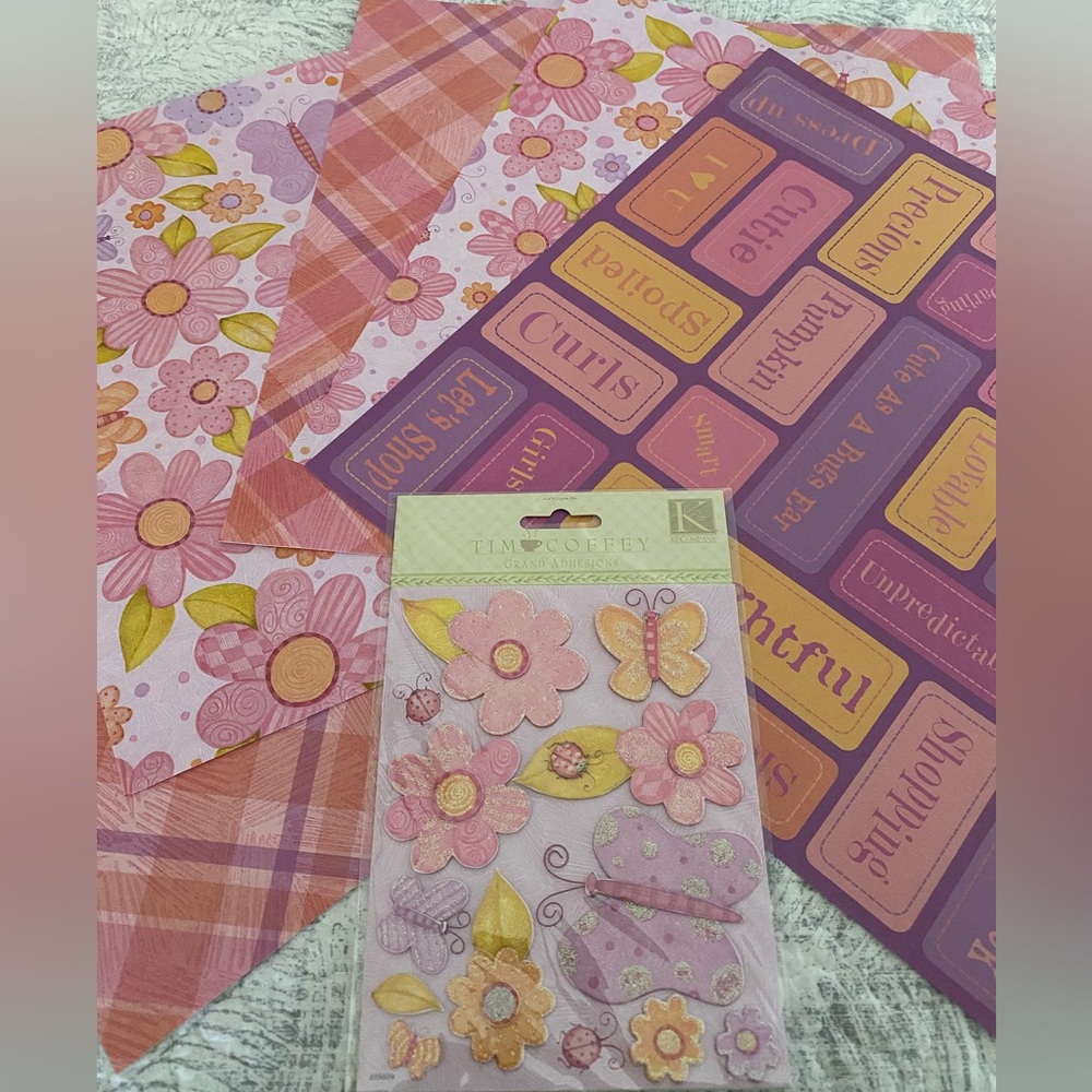🌸 K&COMPANY “YOUNG GIRL FLOWERS” STICKERS & SCRAPBOOK PAPER BUNDLE. RETIRED!